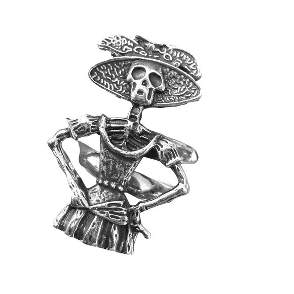 Día De Los Muertos Day of the Dead Skeleton Sterling Silver Adjustable Ring - Picture 2 of 6